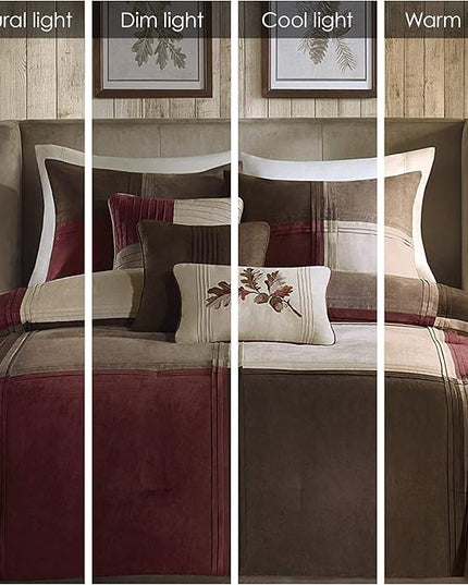 Madison Park Cozy Comforter Set Casual Design All Season, Matching Bed Skirt, Decorative Pillows, King (104 in x 92 in), Jackson Blocks Red/Brown, 7 Piece - LeafyLoom