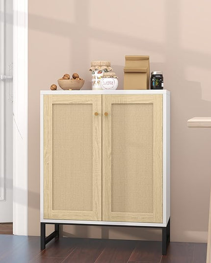 Panana Rattan Decorated 2 Doors Storage Cabinet Accent Cabinet Living Room Cupboard Kitchen Sideboard Buffet Table (White) - LeafyLoom