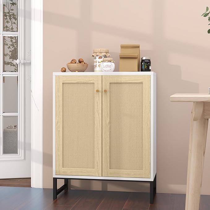 Panana Rattan Decorated 2 Doors Storage Cabinet Accent Cabinet Living Room Cupboard Kitchen Sideboard Buffet Table (White) - LeafyLoom