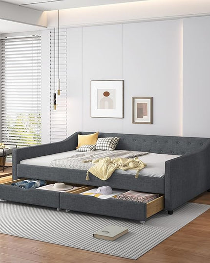 Full Size Upholstered Daybed with 2 Drawers,Wood Sofa Bed Frame W/Button Tufted Backrest and Waved Shape Arms,Slats Support,Linen Fabric Day Bed,for Bedroom,Living Room,Apartment,Dark Gray - LeafyLoom