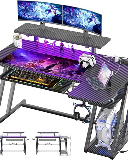 Gaming Desk with Shelves and Outlets, L Shaped Gaming Desk with LED Lights, Reversible L Shaped Computer Desk for Gamer, Carbon Fiber Black, 47" - LeafyLoom