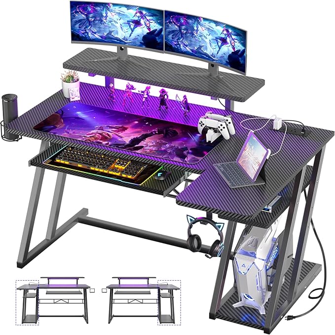 Gaming Desk with Shelves and Outlets, L Shaped Gaming Desk with LED Lights, Reversible L Shaped Computer Desk for Gamer, Carbon Fiber Black, 47" - LeafyLoom