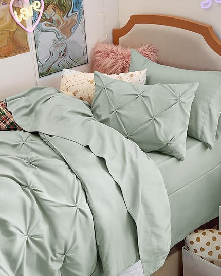 Bedsure Twin Size Comforter Set - Bed in a Bag Queen 5 Pieces, Pintuck Beddding Sets Sage Green Bed Set with Comforter, Sheets, Pillowcase & Sham - LeafyLoom