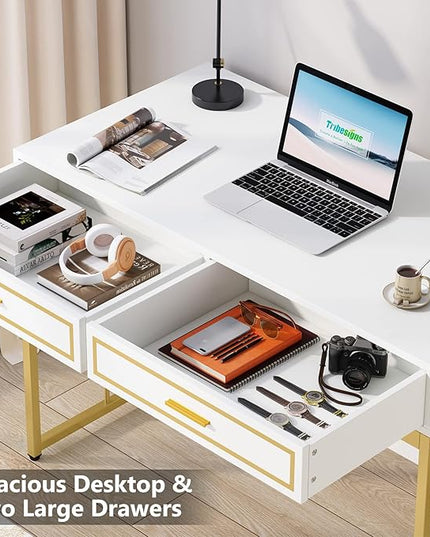 47’’ Computer Desk with 2 Drawers, White Gold Writing Desk Make Up Vanity Table - LeafyLoom