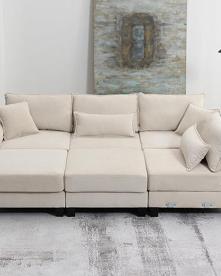 133" Corduroy 6 Seat Freely Combinable Sofa with Armrest Bags,U Shaped Indoor Solid Wood Sectional Couch w/Pillows,for Living Room,Bedroom,Apartment,Office,Lounges,Beige - LeafyLoom