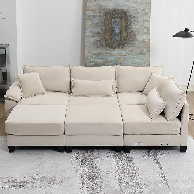 133" Corduroy 6 Seat Freely Combinable Sofa with Armrest Bags,U Shaped Indoor Solid Wood Sectional Couch w/Pillows,for Living Room,Bedroom,Apartment,Office,Lounges,Beige - LeafyLoom