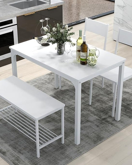 SogesHome 4-Piece Dining Table Set for 4 - Space-Saving Kitchen Set with Bench and Chairs, Ideal for Restaurants and Coffee Shops, White - LeafyLoom