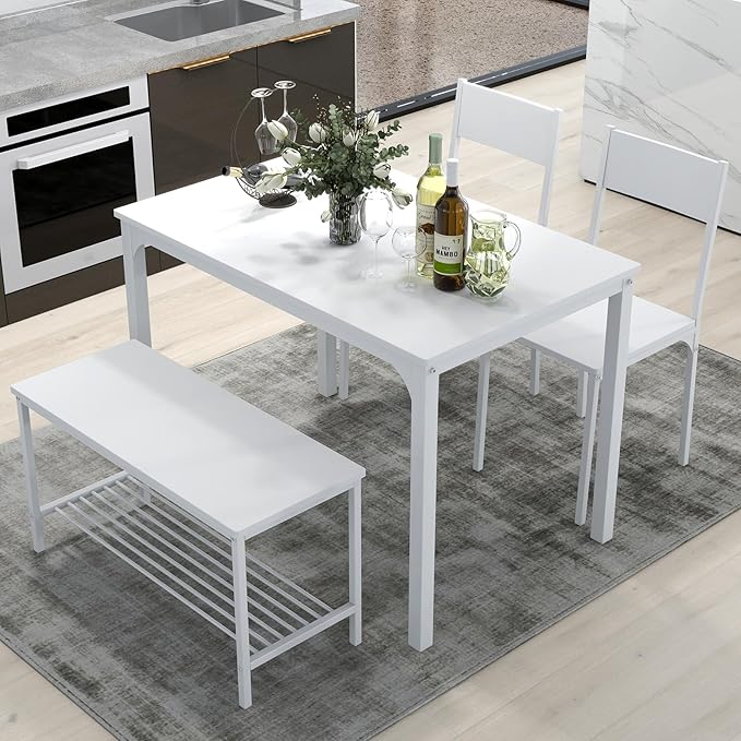 SogesHome 4-Piece Dining Table Set for 4 - Space-Saving Kitchen Set with Bench and Chairs, Ideal for Restaurants and Coffee Shops, White - LeafyLoom