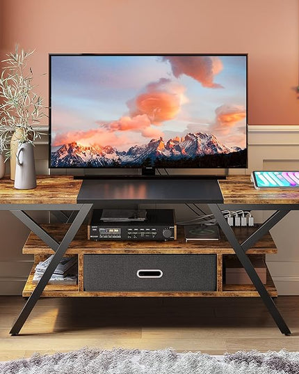 Bestier TV Stand for Living Room, LED Entertainment Center with Power Outlets, Farmhouse TV Stand 55 Inch for TV up to 65 Inch for bedroom, Gaming TV Console Table with Storage, Rustic Brown - LeafyLoom