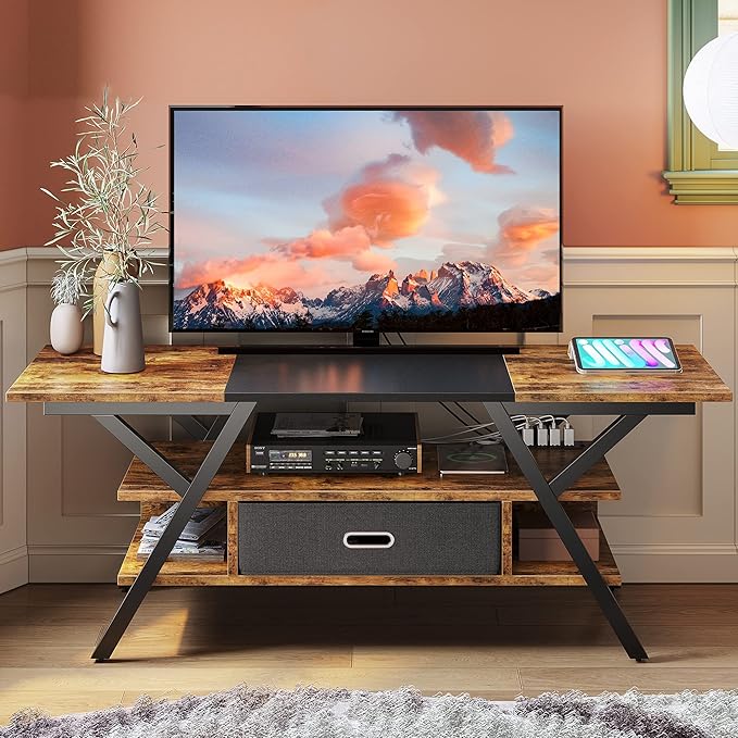 Bestier TV Stand for Living Room, LED Entertainment Center with Power Outlets, Farmhouse TV Stand 55 Inch for TV up to 65 Inch for bedroom, Gaming TV Console Table with Storage, Rustic Brown - LeafyLoom