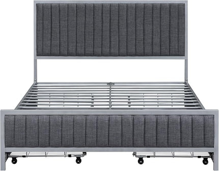 RITSU Full Size Upholstered Platform Bed with 4 Drawers, Metal Frame Tufting Linen Fabric Backrest, Large Storage Space for Bedroom, Apartment, No Need for Box Springs, Gray - LeafyLoom