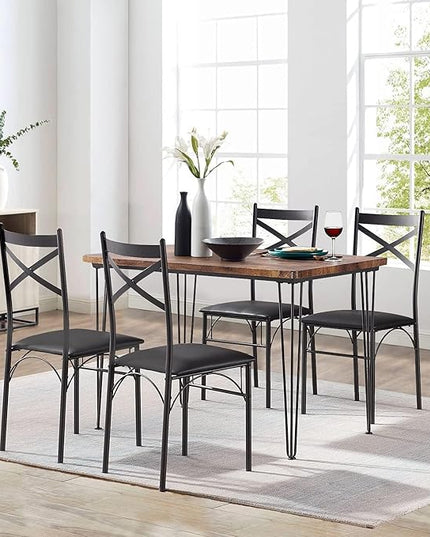 VECELO 5-Piece Set for Home Kitchen Breakfast Nook, with 4 Chairs, Black, Dining Table for 4, Retro Brown - LeafyLoom