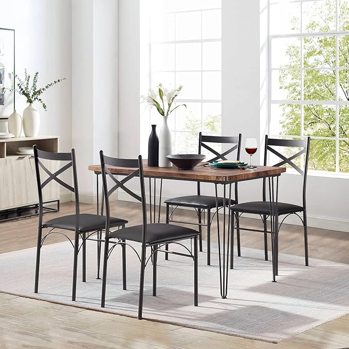 VECELO 5-Piece Set for Home Kitchen Breakfast Nook, with 4 Chairs, Black, Dining Table for 4, Retro Brown - LeafyLoom
