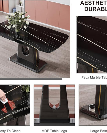 NicBex 62.99Inch Rectangular Dining Table,Modern Kitchen Table with Black Imitation Marble Tabletop and MDF U-Shaped Legs for 6 to 8,Large Dining Room Table for Kitchen,Meeting Living Room,Black - LeafyLoom