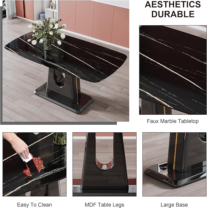 NicBex 62.99Inch Rectangular Dining Table,Modern Kitchen Table with Black Imitation Marble Tabletop and MDF U-Shaped Legs for 6 to 8,Large Dining Room Table for Kitchen,Meeting Living Room,Black - LeafyLoom