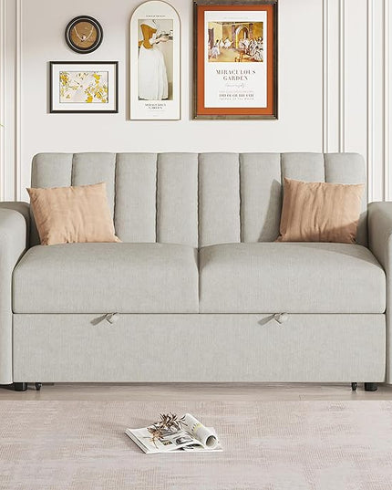 3 in 1 Oversized Convertible Loveseat Sleeper Sofa Bed,Contemporary Channel Tufted Love Seats Sofabed W/Pull Out Sleep Couch,Thicker Cushions and Padded Armrests for Living Room, 61", Beige-368 - LeafyLoom
