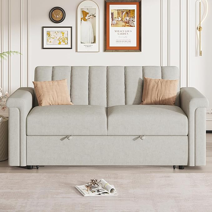 3 in 1 Oversized Convertible Loveseat Sleeper Sofa Bed,Contemporary Channel Tufted Love Seats Sofabed W/Pull Out Sleep Couch,Thicker Cushions and Padded Armrests for Living Room, 61", Beige-368 - LeafyLoom