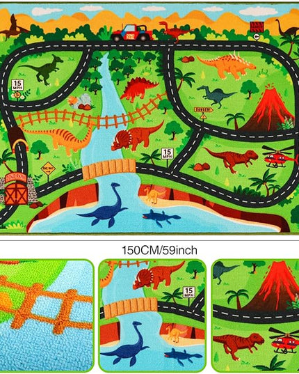 Kids Carpet Playmat Rug,59"X39.4" Dinosaur Car Rugs for Kids Toy Cars,Non Slip Dino Safari Road Map Kids Rug for Playroom Bedroom Boys,Kids Play Mat Road Rug,Track Rug Car Play Carpet for Kids - LeafyLoom