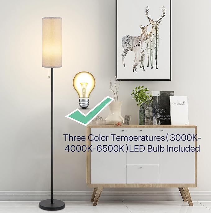 Floor Lamp for Living Room, Modern Standing Lamps with Lampshade, Minimalist Tall Lamp with Chain Switch for Living Room, Bedroom, Kids Room, Office,Standing Lamp LED Bulb Included (Gray Shade) - LeafyLoom
