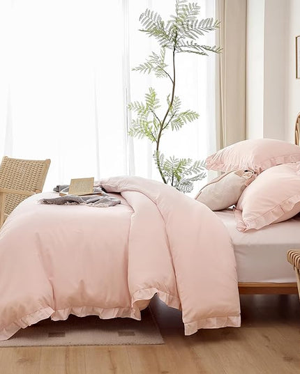 JANZAA Pink Comforter Set Queen Comforter Set 3PCS (1 Ruffled Blush Comforter and 2 Pillowcases) Vintage Shabby Chic Bedding Soft Fluffy Comforter Set All Season - LeafyLoom