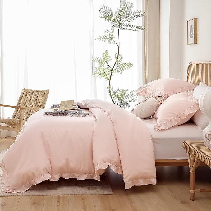 JANZAA Pink Comforter Set Queen Comforter Set 3PCS (1 Ruffled Blush Comforter and 2 Pillowcases) Vintage Shabby Chic Bedding Soft Fluffy Comforter Set All Season - LeafyLoom