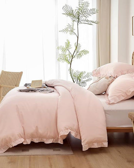 JANZAA Bedding Set, Blush Ruffle 3PCS (1 Comforter Set and 2 Pillow Covers) All Season, Shabby Chic, Vintage, Polyester, King, Soft - LeafyLoom