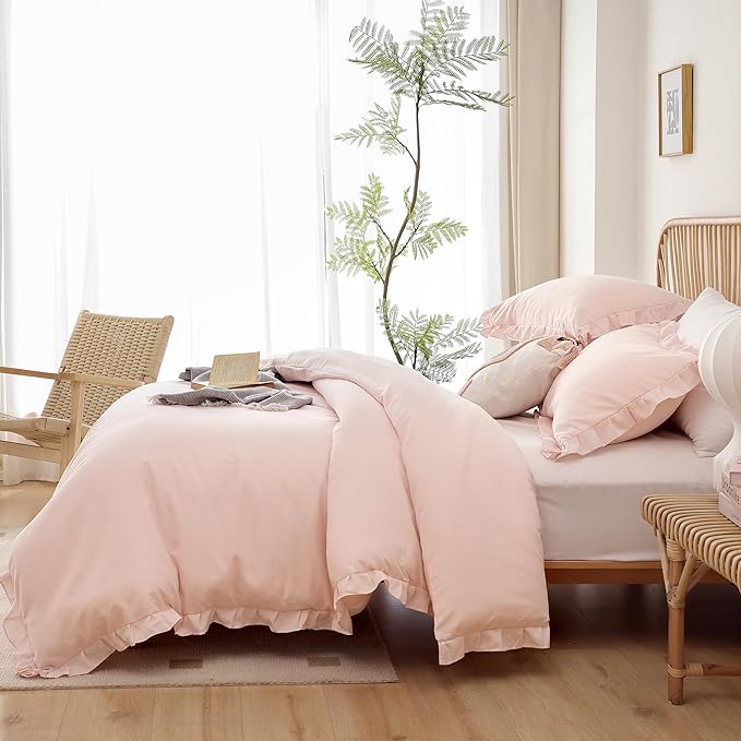 JANZAA Bedding Set, Blush Ruffle 3PCS (1 Comforter Set and 2 Pillow Covers) All Season, Shabby Chic, Vintage, Polyester, King, Soft - LeafyLoom