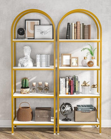 Tribesigns 4-Tier Open Bookshelf Set of 2, 70.8" Modern Wood Bookcase Storage Shelves with Metal Frame, Freestanding Display Rack Tall Shelving Unit for Bedroom, Living Room (White and Gold, 2PCS) - LeafyLoom
