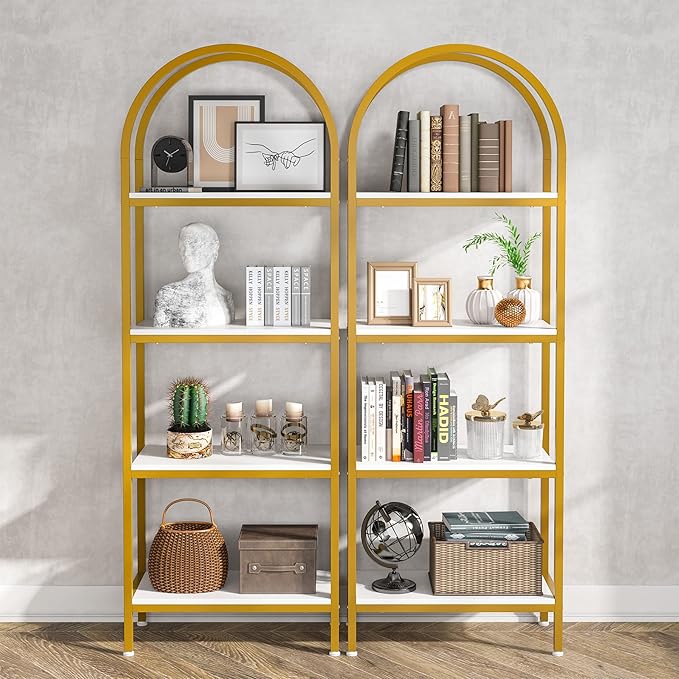 Tribesigns 4-Tier Open Bookshelf Set of 2, 70.8" Modern Wood Bookcase Storage Shelves with Metal Frame, Freestanding Display Rack Tall Shelving Unit for Bedroom, Living Room (White and Gold, 2PCS) - LeafyLoom