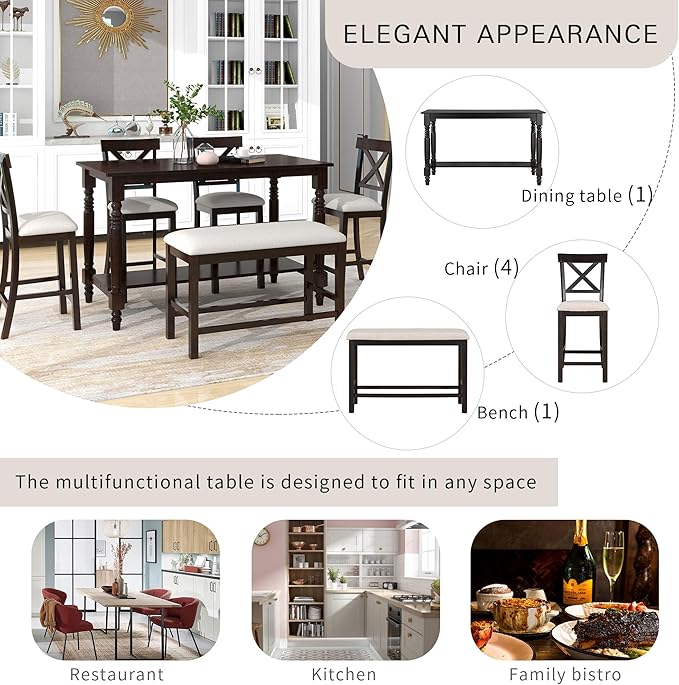6-Piece Counter Height Dinette Sets Kitchen Dining Table with Shelf, 4 Chairs & Bench w/Soft Cushion, for Diningroom Living Room, Easy to Assemble, Espresso 3 - LeafyLoom