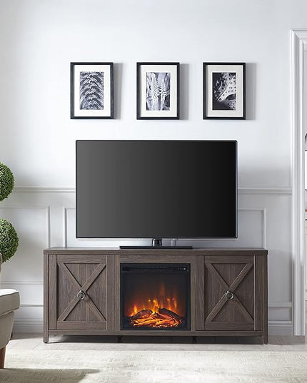 Henn&Hart Rectangular TV Stand with Log Fireplace for TV's up to 65" in Alder Brown, Electric Fireplace TV Stands for the Living Room - LeafyLoom