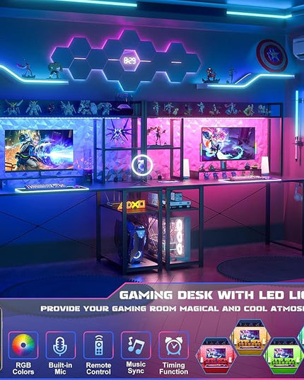 Cyclysio Gaming Desk with Hutch, 47'' Computer Desk with LED Lights & Power Outlets, Home Office Desk with Reversible 5 Tiers Storage Shelves & Monitor Stand, Small Gaming Table for Small Space, Black - LeafyLoom
