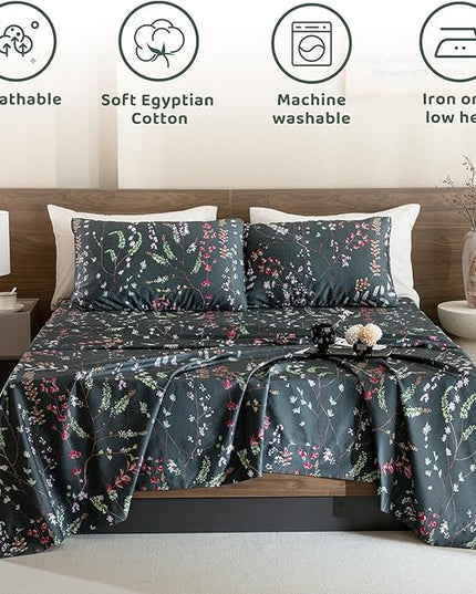 QSH Floral Egyptian Cotton Sheets King Size - Navy Floral Bedding Sheets Botanical Pattern Printed Bedding King Size Bed Sheets 17.5" Extra Deep Pocket 4pcs - LeafyLoom