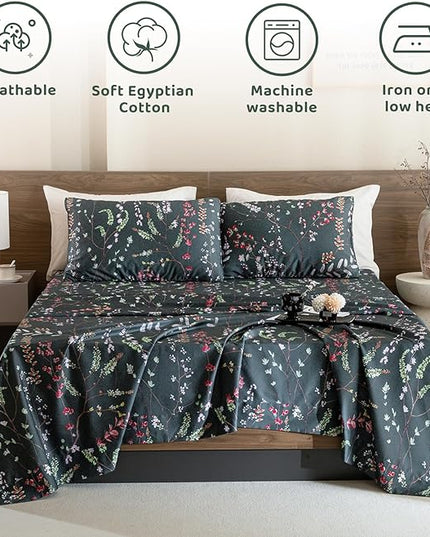 QSH Floral Egyptian Cotton Sheets Queen Size - Elegant Navy Botanical Pattern Printed Bedding Sheets Queen Size Bed Extra Soft and Breathable 4pcs Deep Pockets Bed Sheets - LeafyLoom