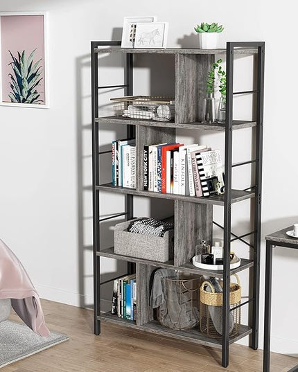 armocity Bookshelf, 5 Tier Tall Modern Bookcase Wood Metal Frame Standing Book Shelf, Display Bookshelves Storage Organizer for Bedroom Living Room Home Office, Grey - LeafyLoom