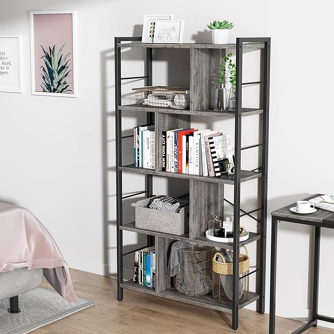 armocity Bookshelf, 5 Tier Tall Modern Bookcase Wood Metal Frame Standing Book Shelf, Display Bookshelves Storage Organizer for Bedroom Living Room Home Office, Grey - LeafyLoom