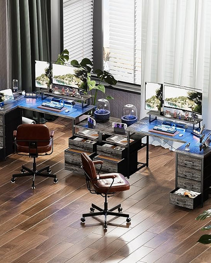 Unikito 70.8" Reversible L Shaped Computer Desk with Fabric File Drawers, Corner Desk with RGB LED Lights & Power Outlets & Monitor Stand, Large Gaming Desk for Home Office Workstation, Black Oak - LeafyLoom