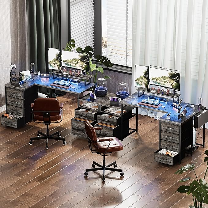 Unikito 70.8" Reversible L Shaped Computer Desk with Fabric File Drawers, Corner Desk with RGB LED Lights & Power Outlets & Monitor Stand, Large Gaming Desk for Home Office Workstation, Black Oak - LeafyLoom