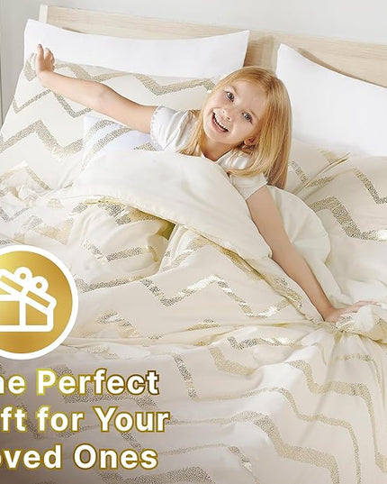 Codi Cream White and Gold Comforter Set for Twin/Twin XL Size, Cute Metallic Ivory Bed Sets, 3 Piece (1 Matching Sham + 1 Decorative Pillow) - LeafyLoom