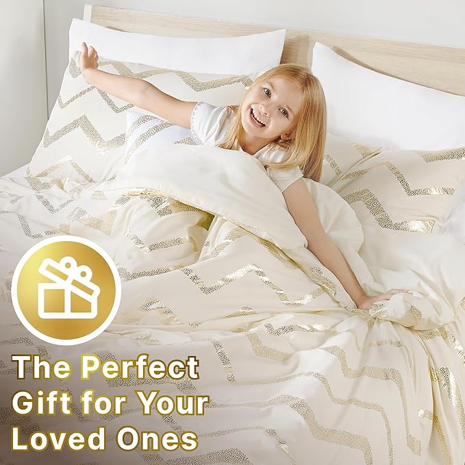 Codi Cream White and Gold Comforter Set for Twin/Twin XL Size, Cute Metallic Ivory Bed Sets, 3 Piece (1 Matching Sham + 1 Decorative Pillow) - LeafyLoom