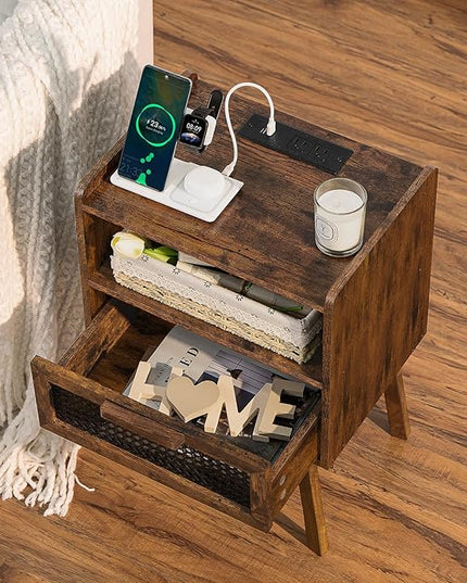 Lerliuo Rattan Nightstand with Charging Station, Side Table with Drawer Open Shelf, Cane Accent Bedside End Table with Solid Wood Legs, Night Stand for Bedroom, Dorm and Small Spaces (Brown) - LeafyLoom