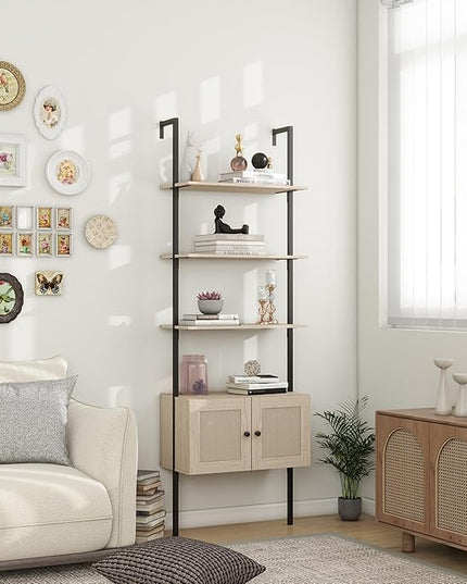Panana Modern 3 Tier Bookcase with Rattan Cabinet in Light Oak Finish with Matte Black Metal Frame for Living Room, Home Office Storage (Light Oak, 3-Tier) - LeafyLoom