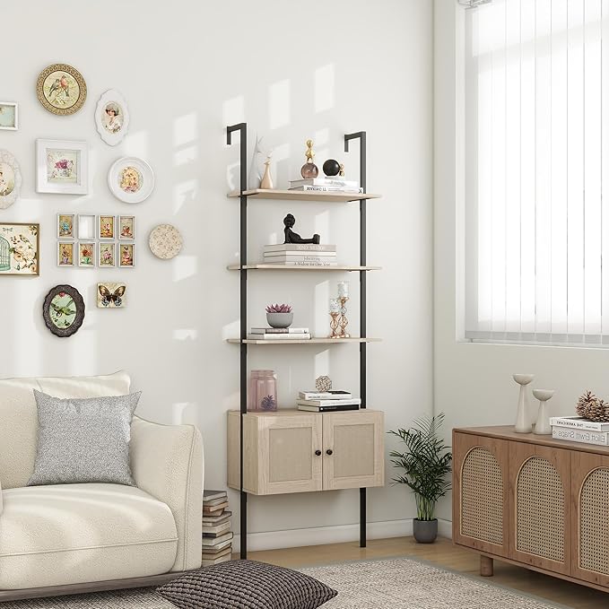 Panana Modern 3 Tier Bookcase with Rattan Cabinet in Light Oak Finish with Matte Black Metal Frame for Living Room, Home Office Storage (Light Oak, 3-Tier) - LeafyLoom