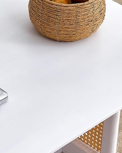 Chinese Style Coffee Table, Rattan Rectangular Solid Wood Coffee Table, Mid Century Modern Coffee Table Center Table Tea Table for Living Room Office, White - LeafyLoom