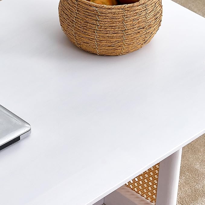 Chinese Style Coffee Table, Rattan Rectangular Solid Wood Coffee Table, Mid Century Modern Coffee Table Center Table Tea Table for Living Room Office, White - LeafyLoom