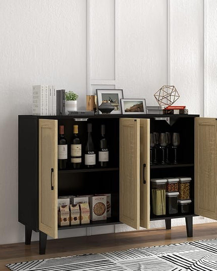 Panana Buffet Storage Cabinet with Rattan Decorating 4 Doors Living Room Kitchen Sideboard 48.43 x 34.65 x 15 inch (Black) - LeafyLoom