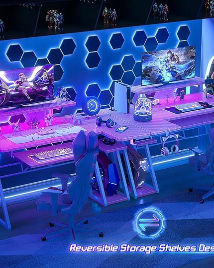 armocity Pink Gaming Desk with Shelves and Power Outlets, L Shaped Gaming Desk with LED Lights, Reversible L Shaped Computer Desk for Gaming, Gamer Desk with Monitor Stand, 47" - LeafyLoom