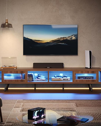 Bestier Mid Century Modern TV Stand for 75 inch TV, LED Entertainment Center with Storage and Sliding Doors, Low Profile TV Consoles for Living Room, Ancona Walnut - LeafyLoom