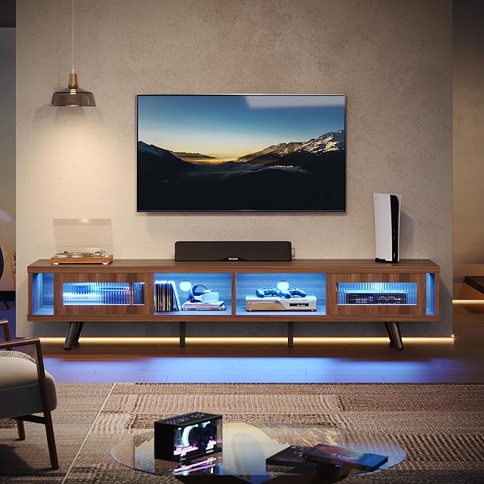 Bestier Mid Century Modern TV Stand for 75 inch TV, LED Entertainment Center with Storage and Sliding Doors, Low Profile TV Consoles for Living Room, Ancona Walnut - LeafyLoom