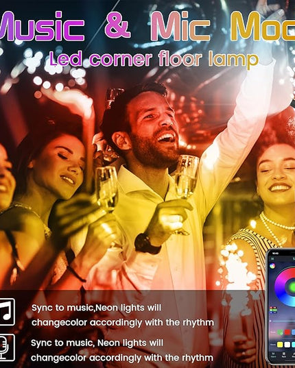 Music Sync Corner Floor Lamp with App/Remote Control, 53" RGB+IC+Warm White LED Corner Lamp for Reading, Gaming, LED Floor Lamp with Timer, Color Changing Corner Light for Bedroom - LeafyLoom